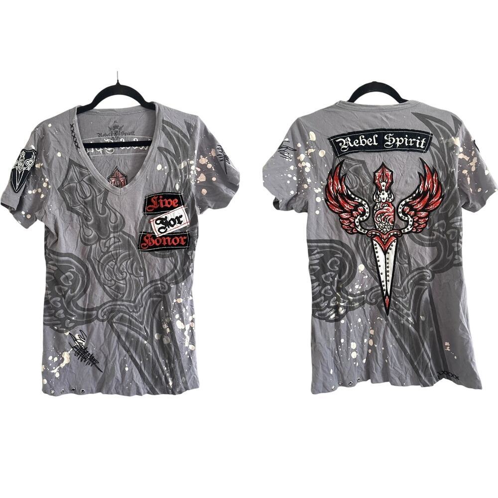 REBEL SPIRIT Embroidered Patches Bleach Splatter Dagger Y2K Women’s Tee - Sz XL